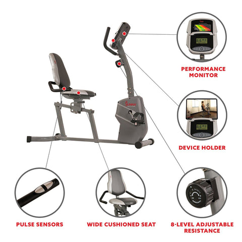 Image of Sunny Health & Fitness Magnetic Recumbent Exercise Bike w/ Easy Adjustable Seat, Device Holder, RPM and Pulse Rate - Barbell Flex