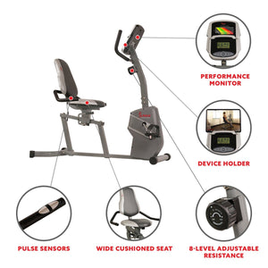 Sunny Health & Fitness Magnetic Recumbent Exercise Bike w/ Easy Adjustable Seat, Device Holder, RPM and Pulse Rate - Barbell Flex