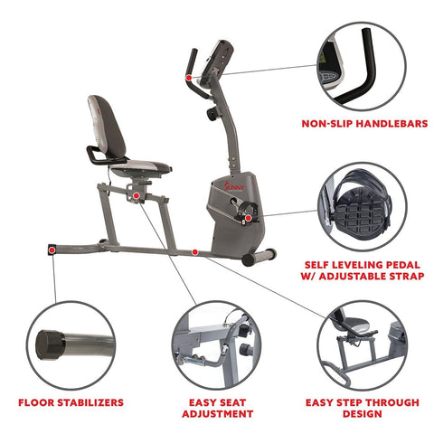 Image of Sunny Health & Fitness Magnetic Recumbent Exercise Bike w/ Easy Adjustable Seat, Device Holder, RPM and Pulse Rate - Barbell Flex