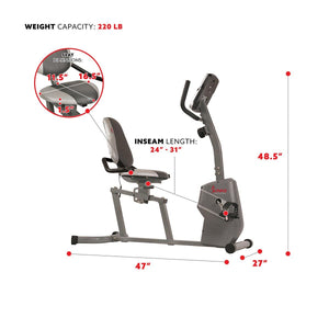 Sunny Health & Fitness Magnetic Recumbent Exercise Bike w/ Easy Adjustable Seat, Device Holder, RPM and Pulse Rate - Barbell Flex