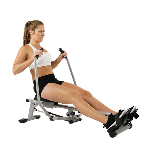 Image of Sunny Health & Fitness Full Motion Rowing Machine Rower w/ 350 lb Weight Capacity and LCD Monitor - Barbell Flex