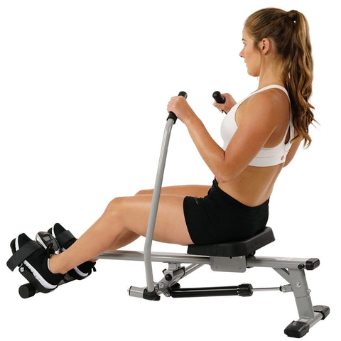 Image of Sunny Health & Fitness Full Motion Rowing Machine Rower w/ 350 lb Weight Capacity and LCD Monitor - Barbell Flex