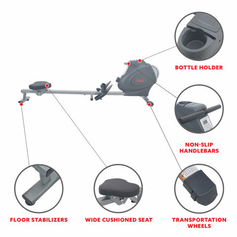 Image of Sunny Health & Fitness Magnetic Rowing Machine Rower, LCD Monitor w/Device Holder - Barbell Flex